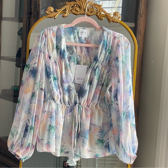 NWT MISA Los Angeles Bina Sheer Top Abstract Pastel Watercolor Size S - Picture 1 of 7